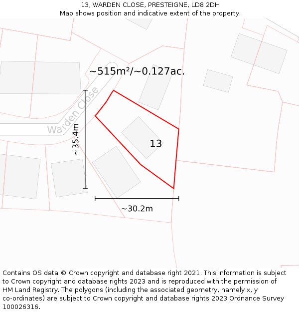 13, WARDEN CLOSE, PRESTEIGNE, LD8 2DH: Plot and title map