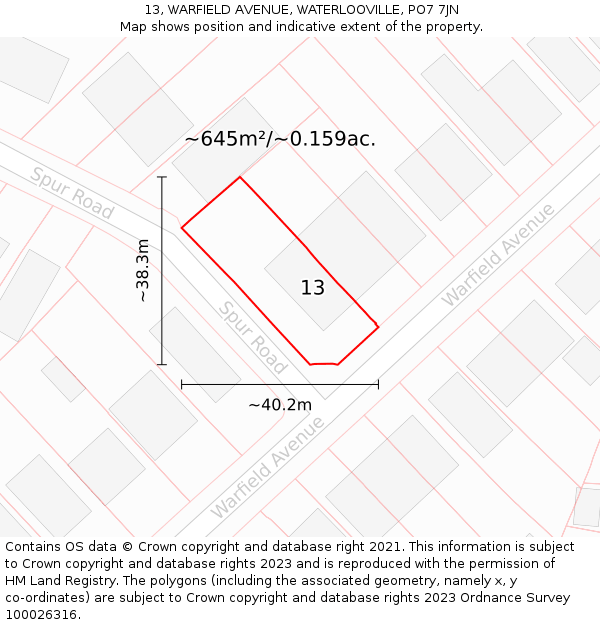 13, WARFIELD AVENUE, WATERLOOVILLE, PO7 7JN: Plot and title map