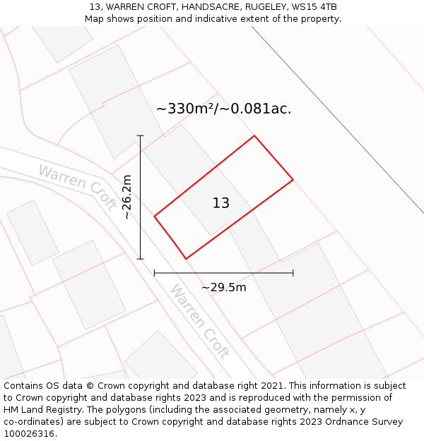 13, WARREN CROFT, HANDSACRE, RUGELEY, WS15 4TB: Plot and title map