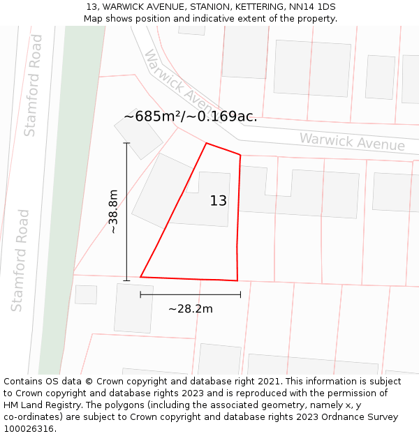 13, WARWICK AVENUE, STANION, KETTERING, NN14 1DS: Plot and title map