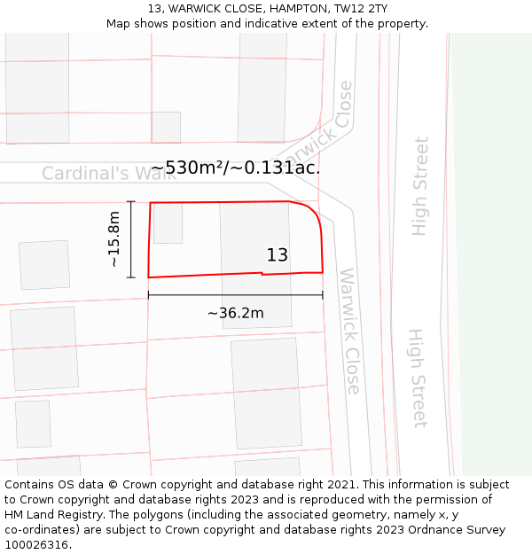13, WARWICK CLOSE, HAMPTON, TW12 2TY: Plot and title map