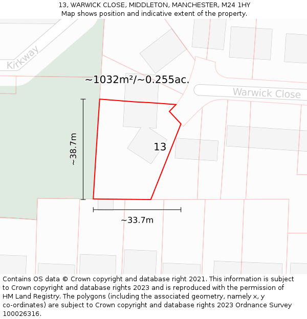 13, WARWICK CLOSE, MIDDLETON, MANCHESTER, M24 1HY: Plot and title map