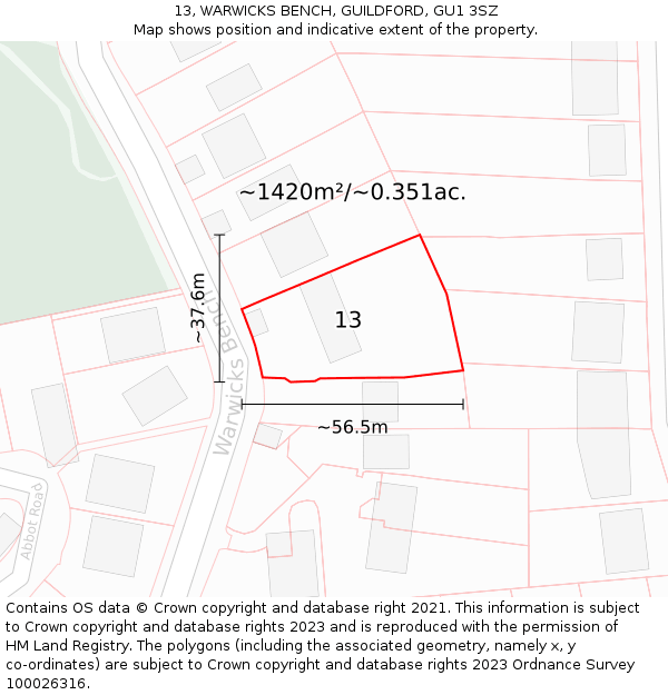 13, WARWICKS BENCH, GUILDFORD, GU1 3SZ: Plot and title map