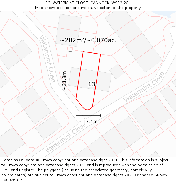 13, WATERMINT CLOSE, CANNOCK, WS12 2GL: Plot and title map