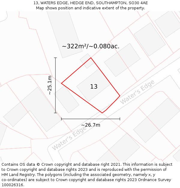 13, WATERS EDGE, HEDGE END, SOUTHAMPTON, SO30 4AE: Plot and title map