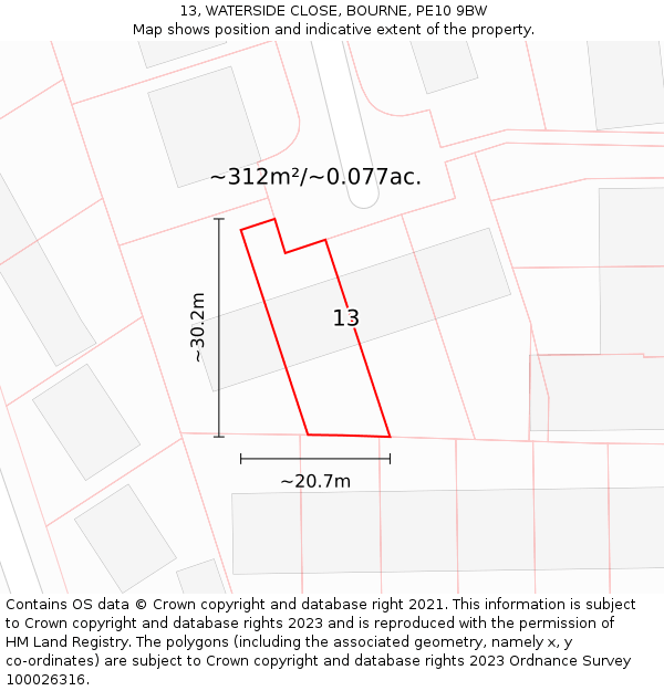 13, WATERSIDE CLOSE, BOURNE, PE10 9BW: Plot and title map