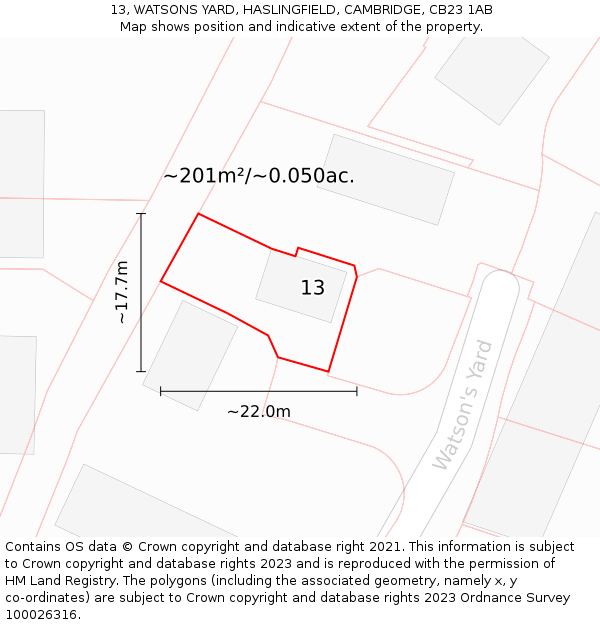13, WATSONS YARD, HASLINGFIELD, CAMBRIDGE, CB23 1AB: Plot and title map
