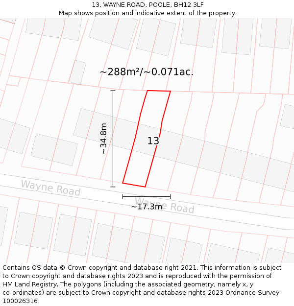 13, WAYNE ROAD, POOLE, BH12 3LF: Plot and title map