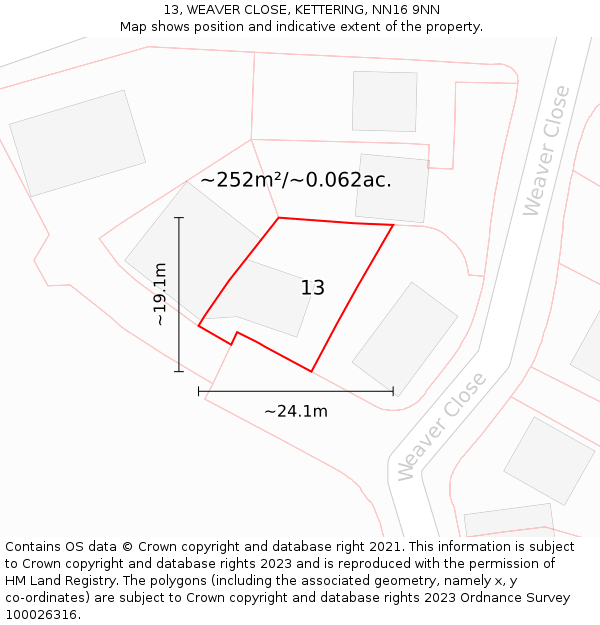 13, WEAVER CLOSE, KETTERING, NN16 9NN: Plot and title map