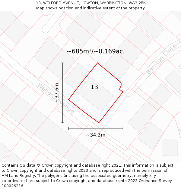 13, WELFORD AVENUE, LOWTON, WARRINGTON, WA3 2RN: Plot and title map