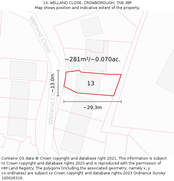 13, WELLAND CLOSE, CROWBOROUGH, TN6 3BF: Plot and title map