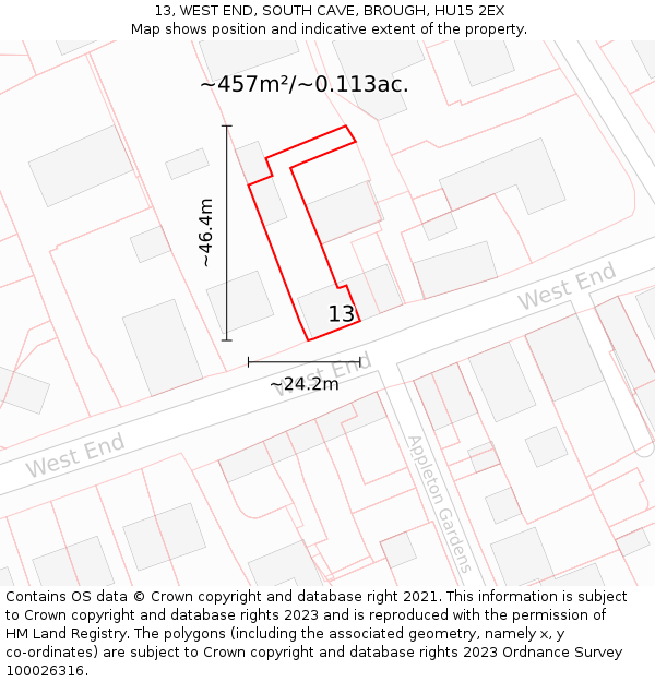 13, WEST END, SOUTH CAVE, BROUGH, HU15 2EX: Plot and title map