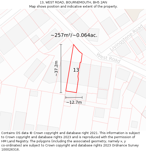 13, WEST ROAD, BOURNEMOUTH, BH5 2AN: Plot and title map