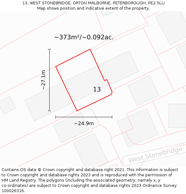 13, WEST STONEBRIDGE, ORTON MALBORNE, PETERBOROUGH, PE2 5LU: Plot and title map