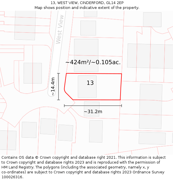 13, WEST VIEW, CINDERFORD, GL14 2EP: Plot and title map