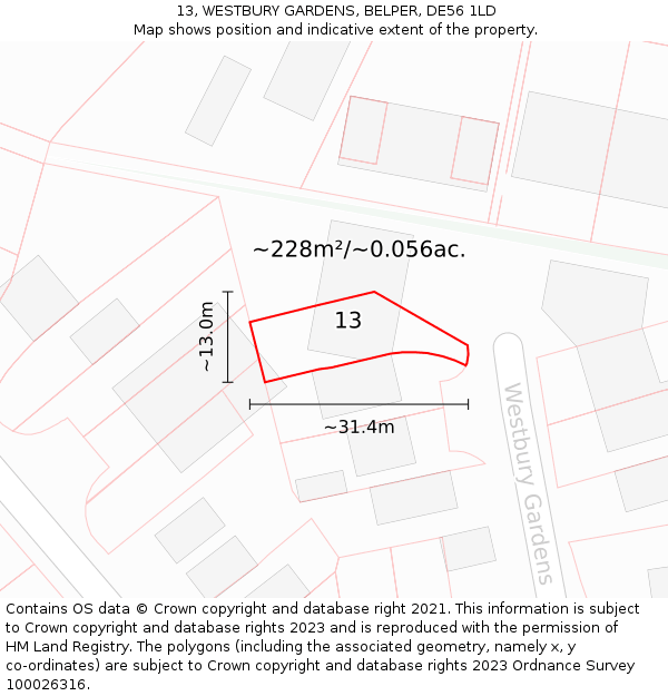 13, WESTBURY GARDENS, BELPER, DE56 1LD: Plot and title map