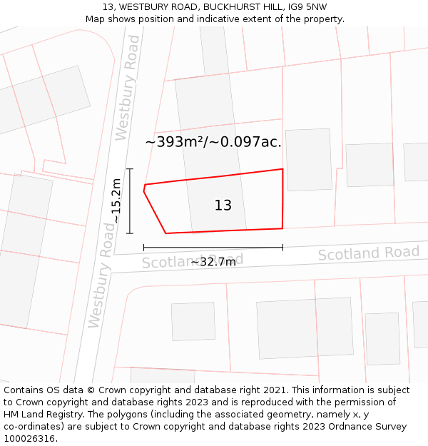 13, WESTBURY ROAD, BUCKHURST HILL, IG9 5NW: Plot and title map