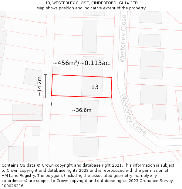 13, WESTERLEY CLOSE, CINDERFORD, GL14 3EB: Plot and title map