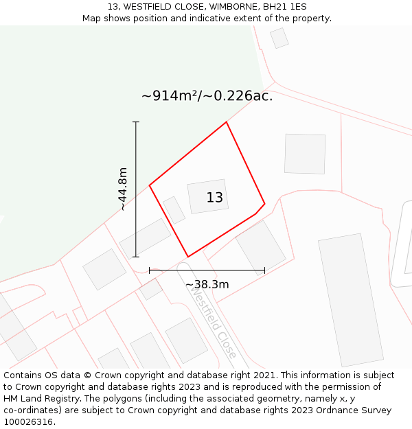 13, WESTFIELD CLOSE, WIMBORNE, BH21 1ES: Plot and title map