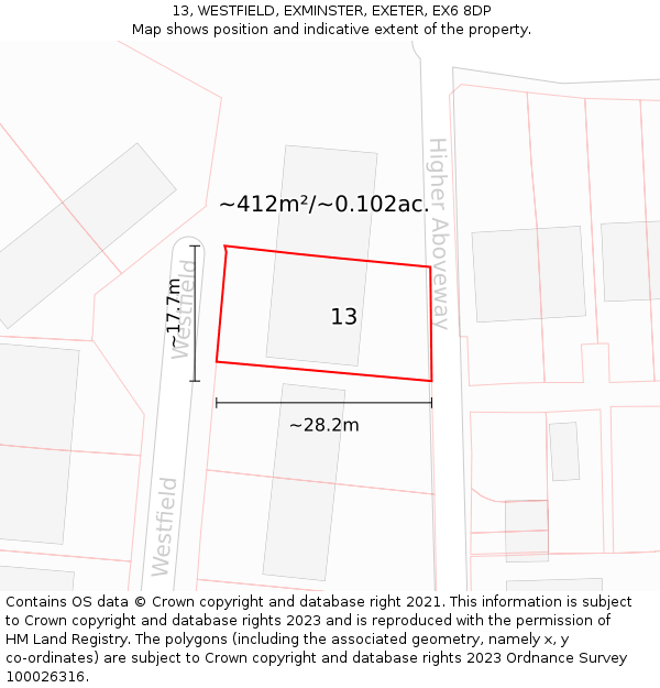 13, WESTFIELD, EXMINSTER, EXETER, EX6 8DP: Plot and title map