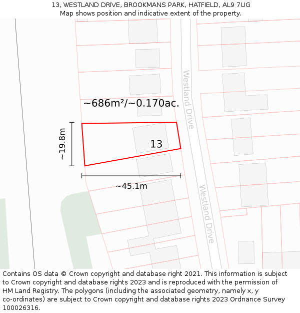 13, WESTLAND DRIVE, BROOKMANS PARK, HATFIELD, AL9 7UG: Plot and title map