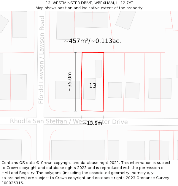13, WESTMINSTER DRIVE, WREXHAM, LL12 7AT: Plot and title map