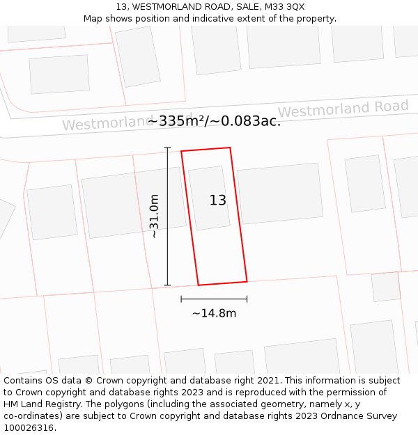 13, WESTMORLAND ROAD, SALE, M33 3QX: Plot and title map