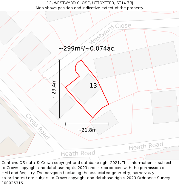 13, WESTWARD CLOSE, UTTOXETER, ST14 7BJ: Plot and title map