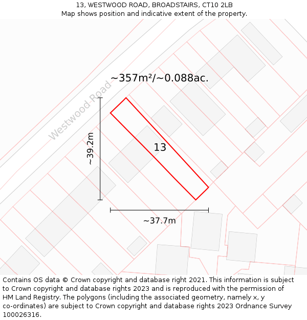 13, WESTWOOD ROAD, BROADSTAIRS, CT10 2LB: Plot and title map