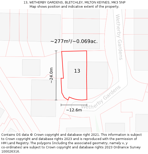 13, WETHERBY GARDENS, BLETCHLEY, MILTON KEYNES, MK3 5NP: Plot and title map