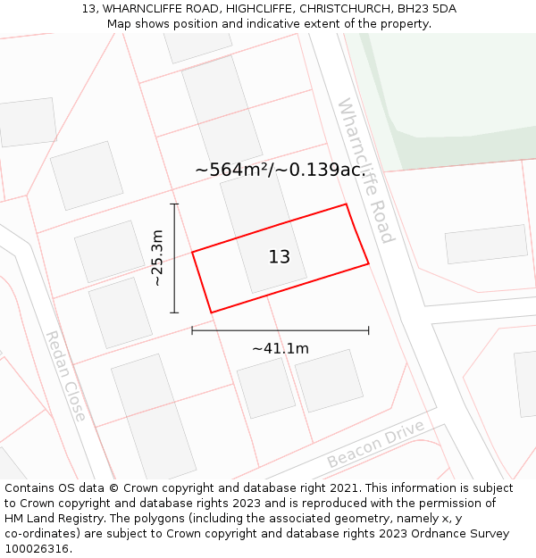 13, WHARNCLIFFE ROAD, HIGHCLIFFE, CHRISTCHURCH, BH23 5DA: Plot and title map
