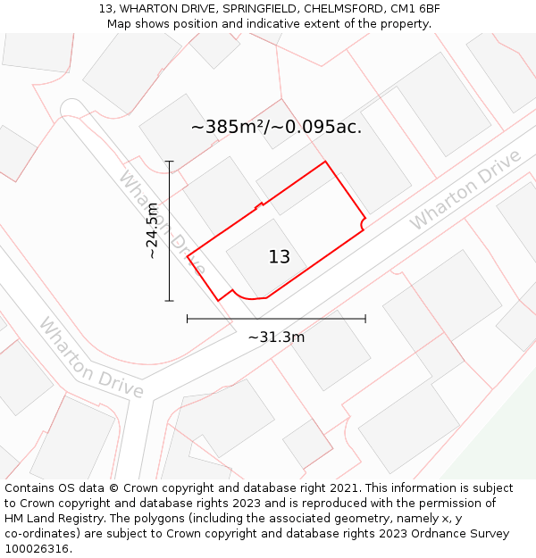 13, WHARTON DRIVE, SPRINGFIELD, CHELMSFORD, CM1 6BF: Plot and title map