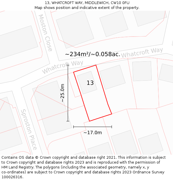 13, WHATCROFT WAY, MIDDLEWICH, CW10 0FU: Plot and title map