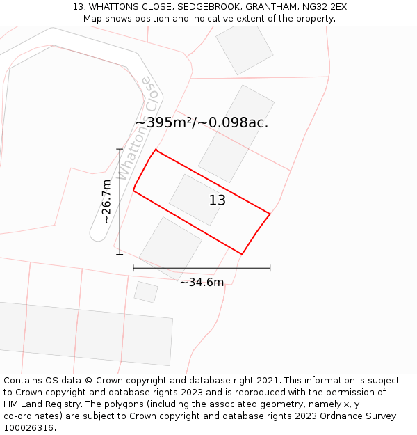 13, WHATTONS CLOSE, SEDGEBROOK, GRANTHAM, NG32 2EX: Plot and title map