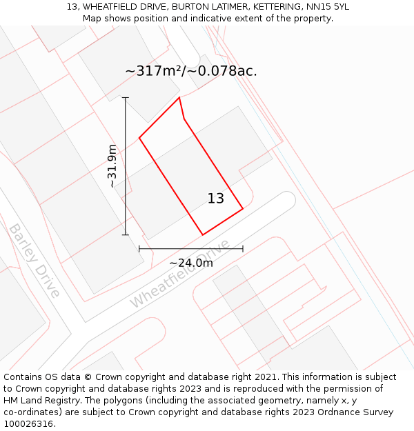 13, WHEATFIELD DRIVE, BURTON LATIMER, KETTERING, NN15 5YL: Plot and title map