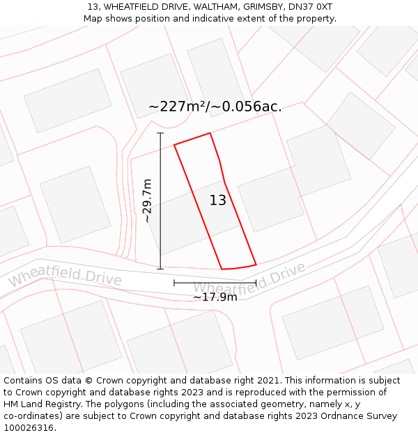 13, WHEATFIELD DRIVE, WALTHAM, GRIMSBY, DN37 0XT: Plot and title map