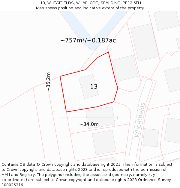13, WHEATFIELDS, WHAPLODE, SPALDING, PE12 6FH: Plot and title map