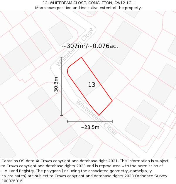 13, WHITEBEAM CLOSE, CONGLETON, CW12 1GH: Plot and title map