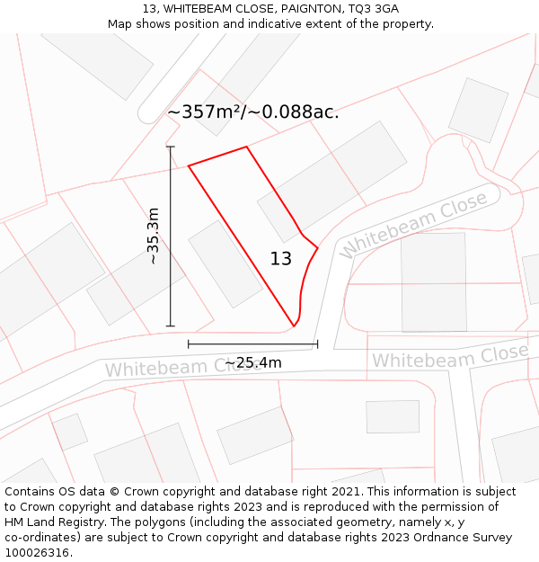 13, WHITEBEAM CLOSE, PAIGNTON, TQ3 3GA: Plot and title map