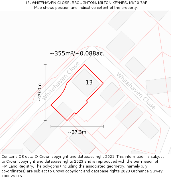 13, WHITEHAVEN CLOSE, BROUGHTON, MILTON KEYNES, MK10 7AF: Plot and title map