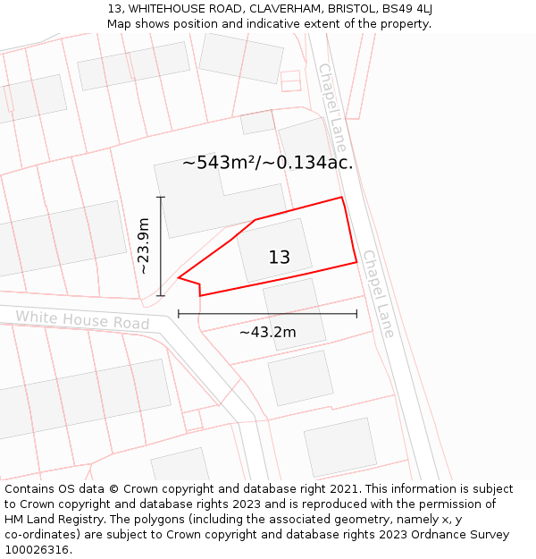 13, WHITEHOUSE ROAD, CLAVERHAM, BRISTOL, BS49 4LJ: Plot and title map