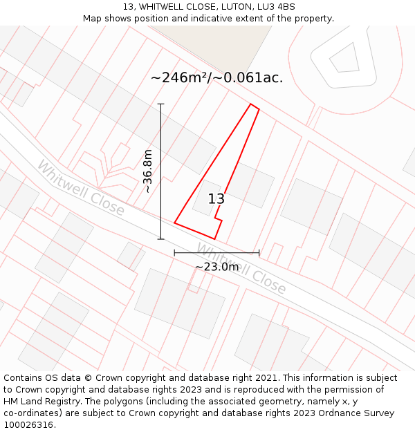 13, WHITWELL CLOSE, LUTON, LU3 4BS: Plot and title map