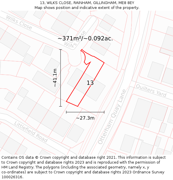13, WILKS CLOSE, RAINHAM, GILLINGHAM, ME8 8EY: Plot and title map