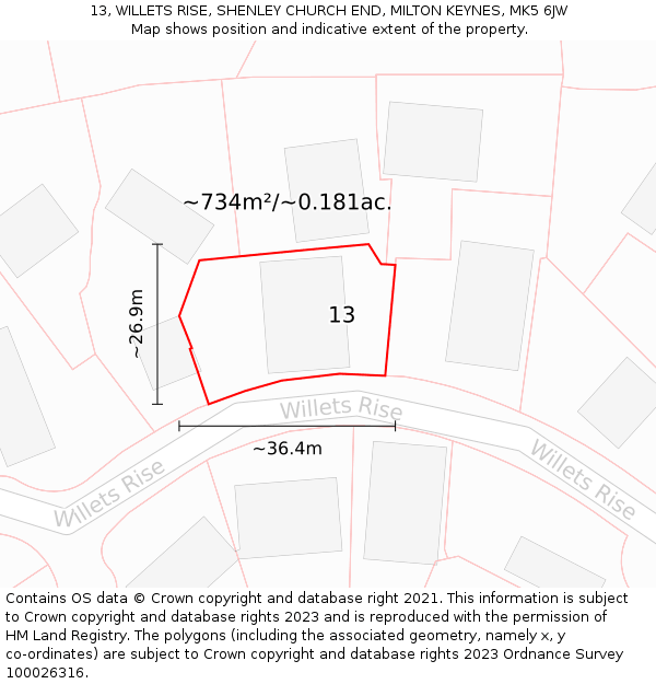 13, WILLETS RISE, SHENLEY CHURCH END, MILTON KEYNES, MK5 6JW: Plot and title map