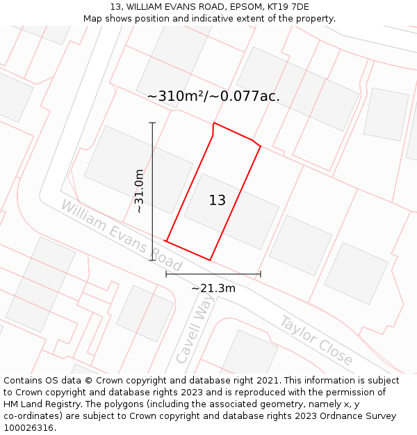 13, WILLIAM EVANS ROAD, EPSOM, KT19 7DE: Plot and title map