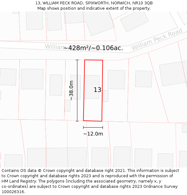 13, WILLIAM PECK ROAD, SPIXWORTH, NORWICH, NR10 3QB: Plot and title map