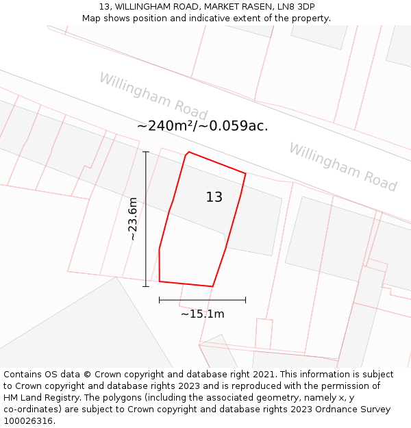 13, WILLINGHAM ROAD, MARKET RASEN, LN8 3DP: Plot and title map