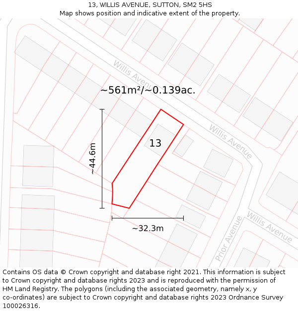 13, WILLIS AVENUE, SUTTON, SM2 5HS: Plot and title map