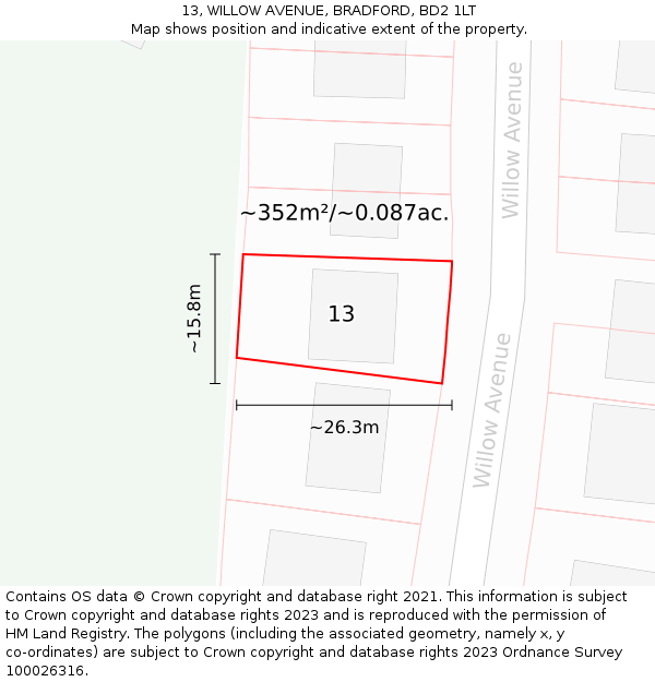 13, WILLOW AVENUE, BRADFORD, BD2 1LT: Plot and title map