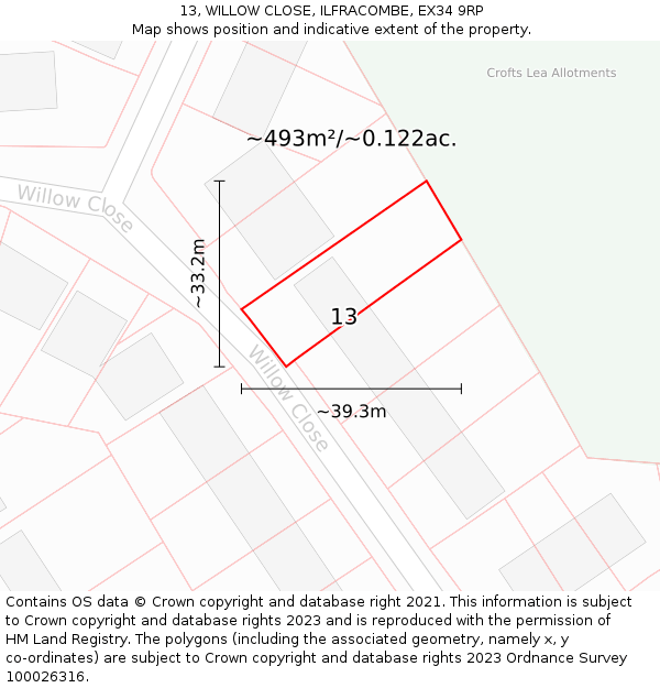13, WILLOW CLOSE, ILFRACOMBE, EX34 9RP: Plot and title map